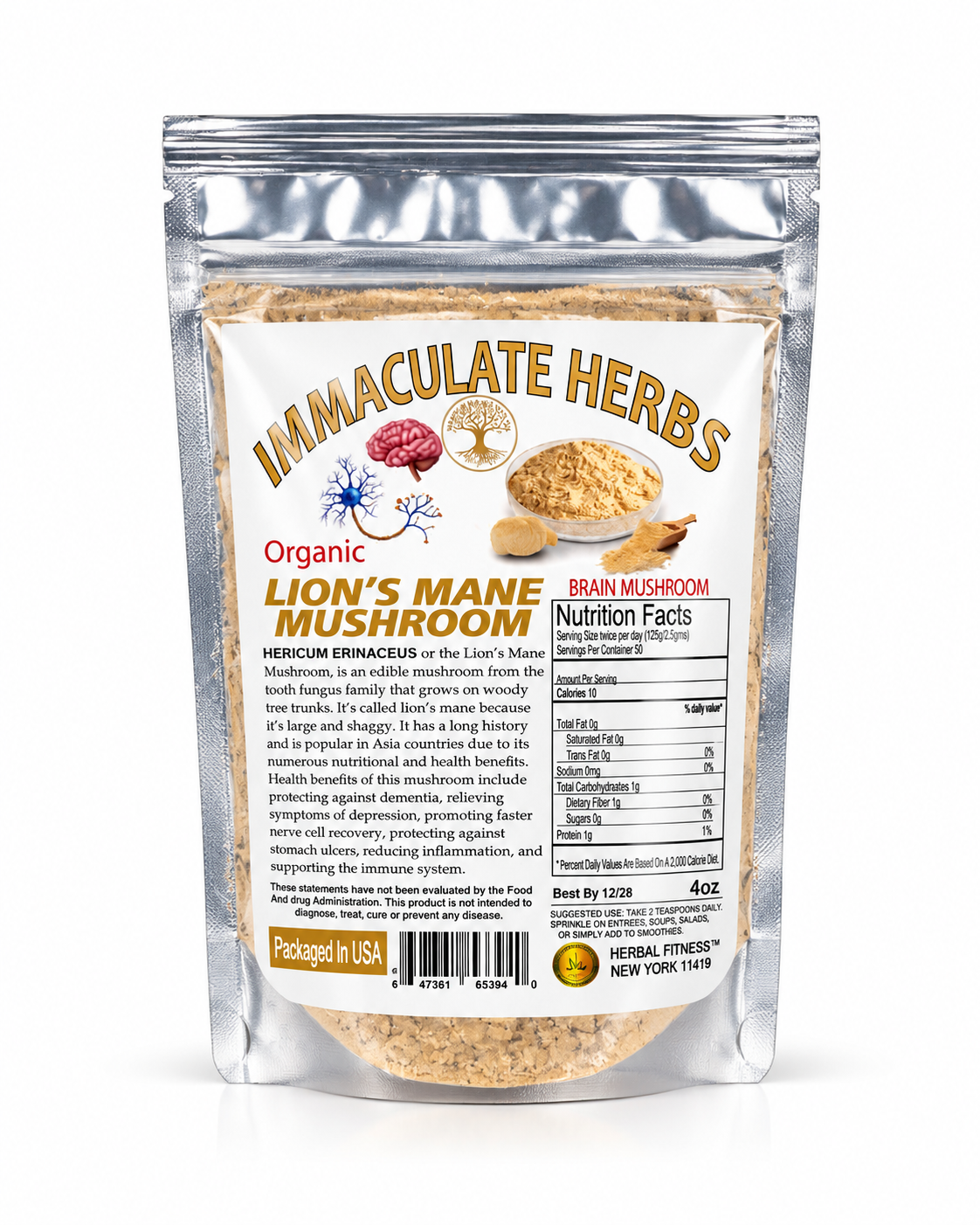 Immaculate Herbs Organic Lion’s Mane Mushroom – 4 oz (113 g)